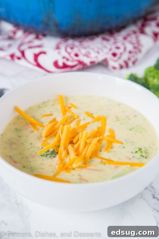 A close-up shot of creamy broccoli cheese soup in a bowl, showing its rich texture and topping of melted cheese.