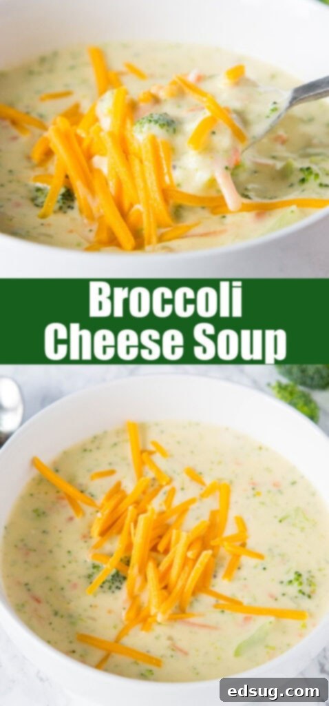 Close-up of a bowl of homemade creamy broccoli cheese soup, perfect for sharing on Pinterest.