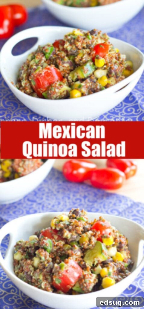 Close-up shot of Mexican Quinoa Salad, showing individual grains and vegetable pieces