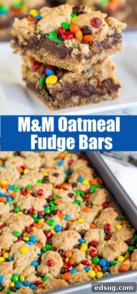 A single M&M Chocolate Oat Bar served on a white plate, showing the distinct layers of oat, fudge, and M&M's