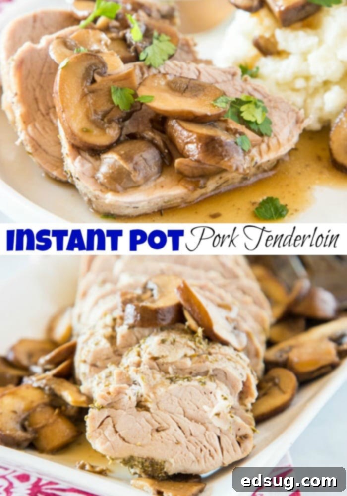 A beautifully presented whole Instant Pot Pork Tenderloin, ready to be sliced, emphasizing the tender texture and delicious aroma, perfect for a family meal or entertaining guests.