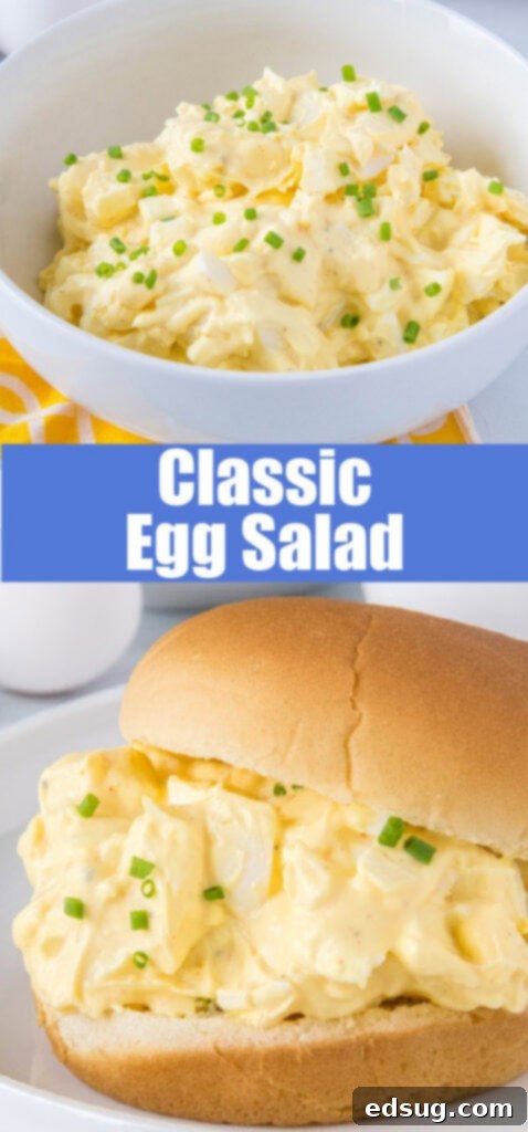 A collage featuring a bowl of classic egg salad and an egg salad sandwich on a bun, ideal for sharing on Pinterest