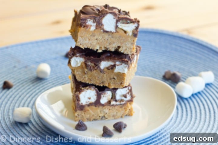 Close-up of a single Peanut Butter S'mores Bar showing layers