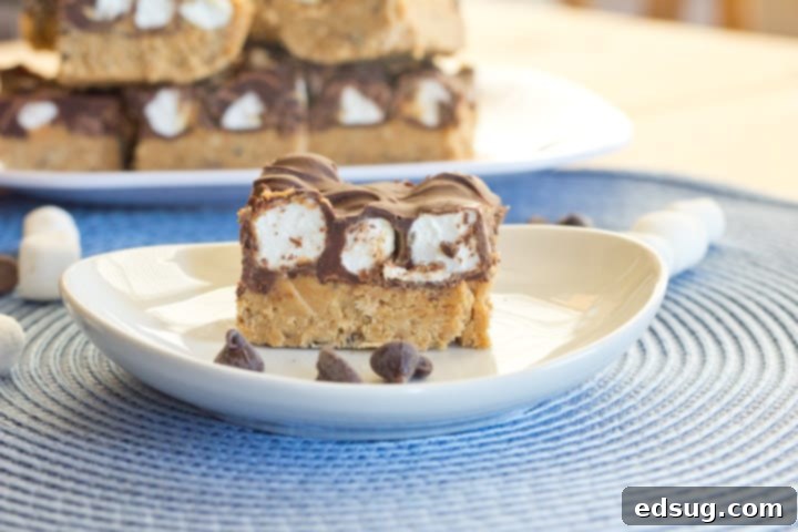 Freshly cut Peanut Butter S'mores Bars in a pan