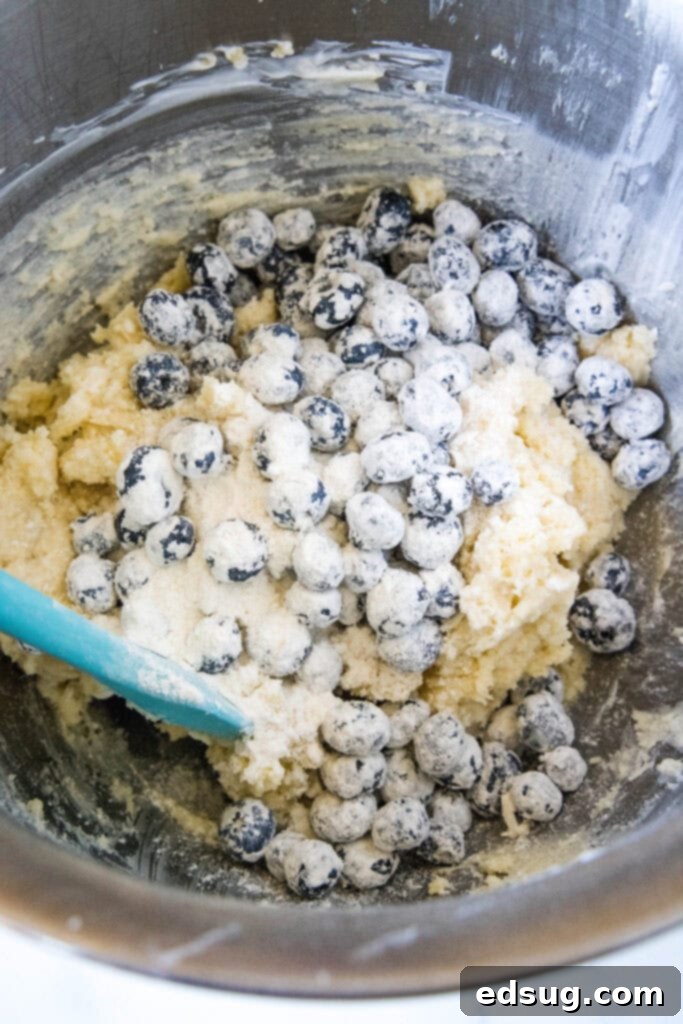 Mixing bowl with cake batter, where fresh blueberries are being gently folded in.