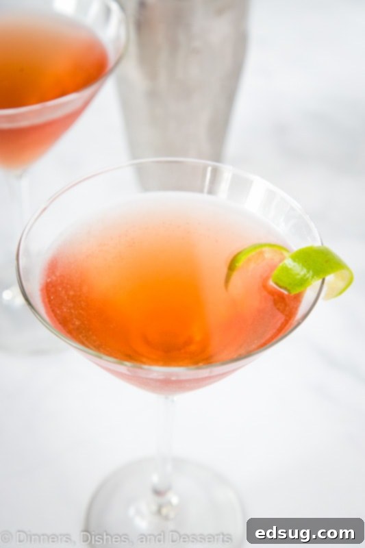 Close-up of a crisp and delicious Cosmopolitan cocktail recipe