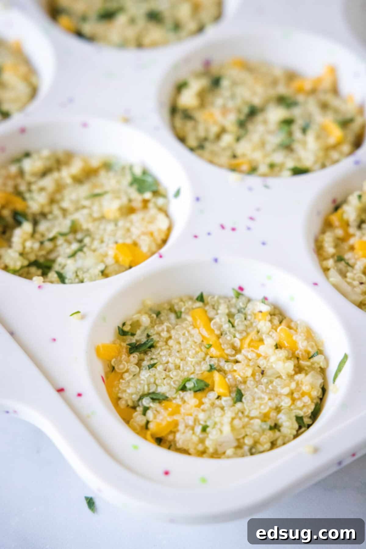 The quinoa bite mixture neatly spooned and lightly pressed into a non-stick muffin tin, arranged before baking to ensure even cooking.