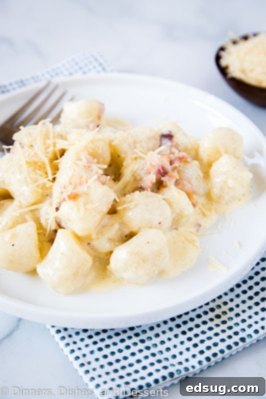 Use cauliflower gnocchi to make this Gnocchi Carbonara easy and healthy, perfect for an arthritis-friendly diet.