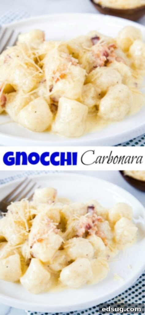A close-up of a plate of Cauliflower Gnocchi Carbonara, a rich and creamy dish that is quick, easy, healthy, and delicious – perfect for an arthritis-friendly diet.