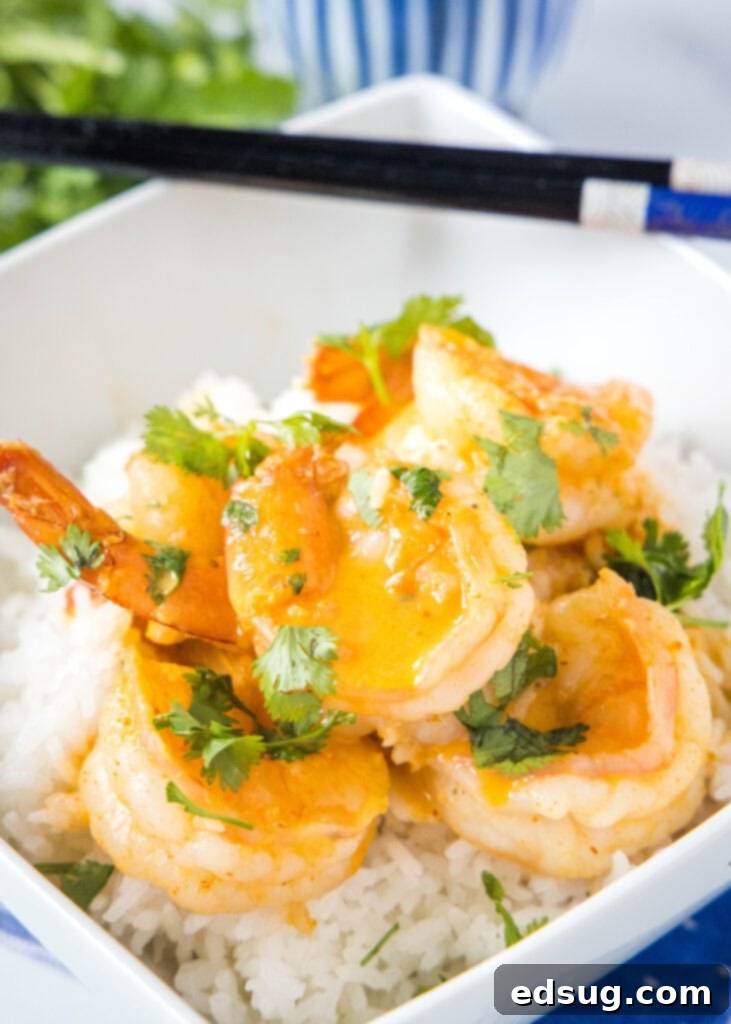 A vibrant bowl of coconut curry shrimp served over fluffy white rice, garnished with fresh herbs, ready to eat.
