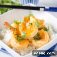 Close up of shrimp in coconut curry sauce, glistening and ready to eat from a bowl.