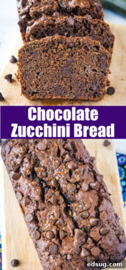 Another overhead shot of a loaf of double chocolate zucchini bread on a cutting board, emphasizing its enticing texture.