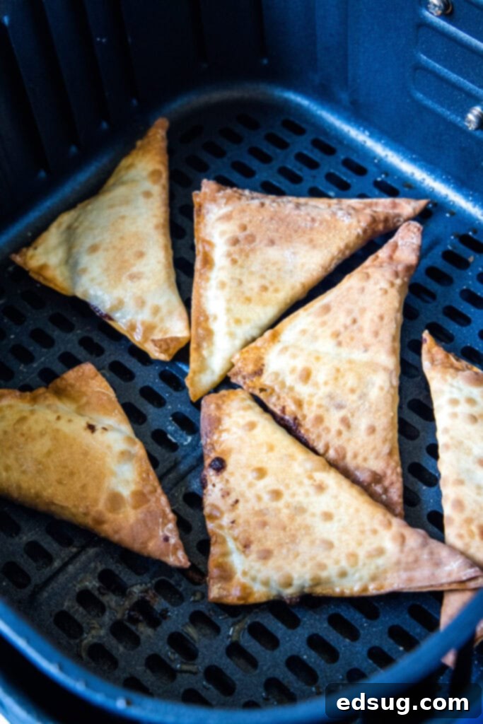 Six golden-brown, perfectly cooked wontons resting in an air fryer basket, showcasing their crispy texture and readiness to be dusted and served.