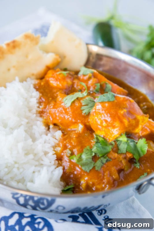 A vibrant bowl of homemade chicken vindaloo, rich in color, served with fluffy white rice, ready to be enjoyed as a spicy Indian dinner.