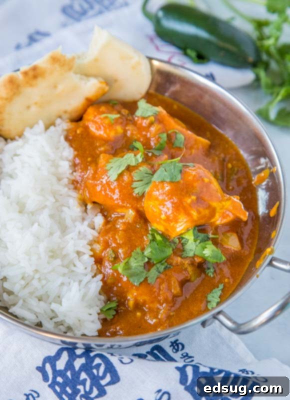 A bowl of rich Chicken Vindaloo curry, served alongside white rice, emphasizing the saucy texture and tender chicken pieces, ready for a spicy meal.