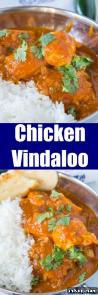 Close-up view of the rich, spicy sauce and tender chicken pieces in a homemade Chicken Vindaloo, highlighting its textured and deeply flavored curry.