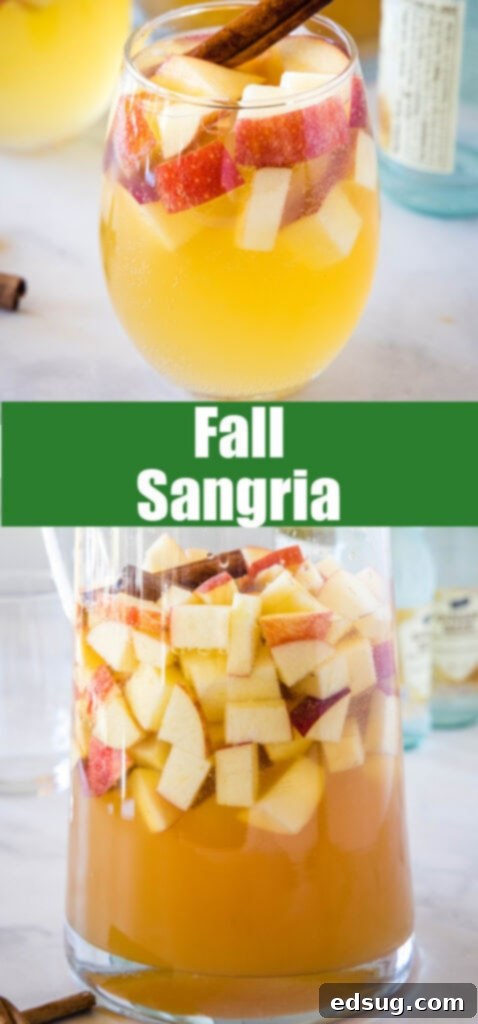 fall sangria in a pitcher with apples, garnished with an apple slice