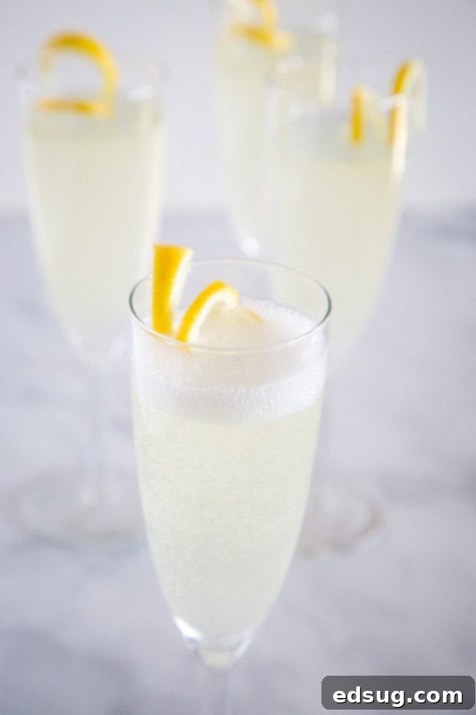 A classic cocktail with champagne, gin, lemon juice and simple syrup – the essential French 75 ingredients