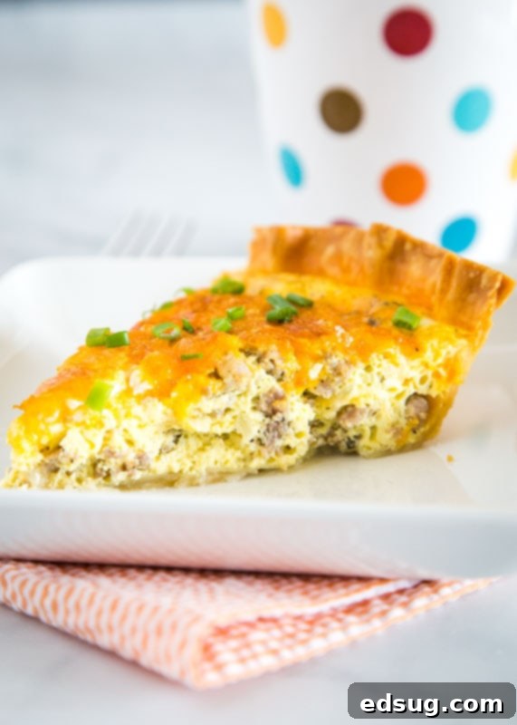 Quiche is such an easy brunch or dinner recipe. This version is full of breakfast sausage, cheese and onions.
