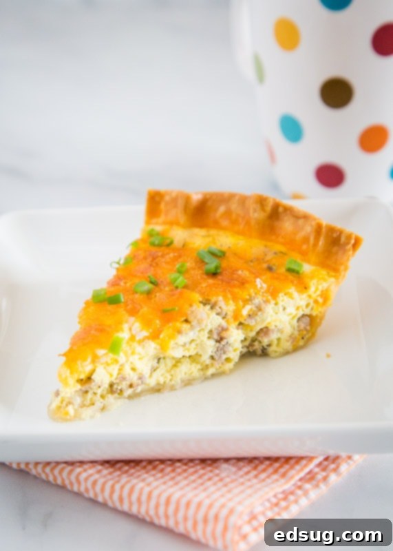 Sausage Quiche with plenty of cheese for an easy brunch idea.