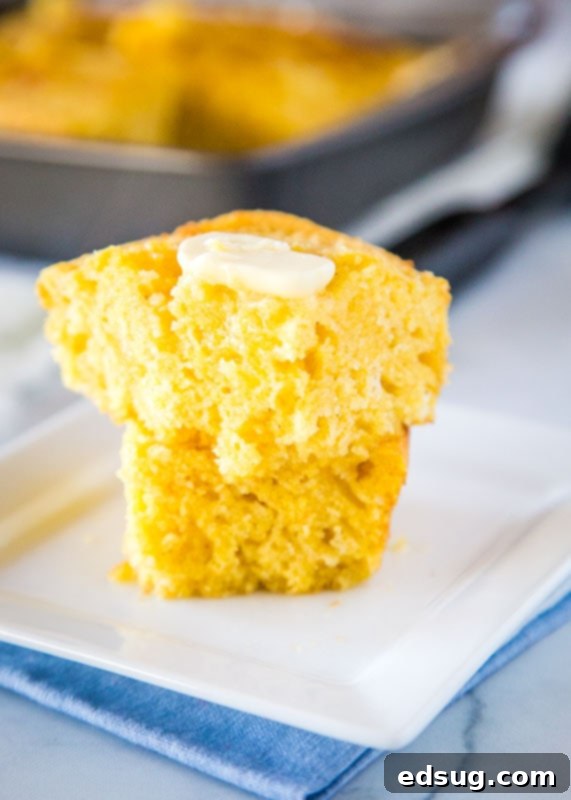 A traditional Southern cornbread recipe slice with a golden, crispy crust