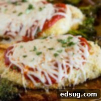 Resourceful Kitchen Creations 31 Baked Chicken Parmesan with Roasted Broccoli, a healthier and quick one-skillet version of the classic, perfect for families.