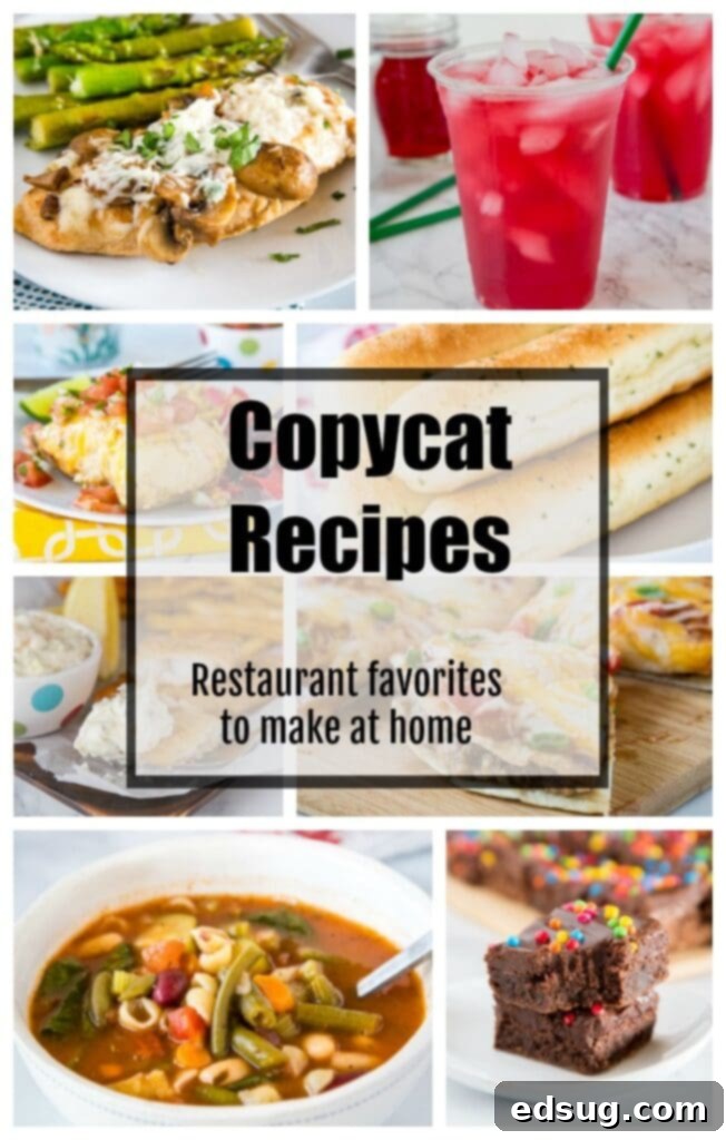 A vibrant assortment of homemade restaurant-style dishes, including soup, breadsticks, chicken wraps, and more, symbolizing the joy of copycat recipes at home.