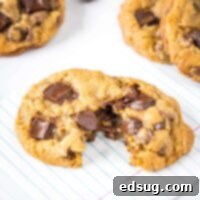 A close-up of a warm, gooey chocolate chip cookie, featuring melted chocolate chunks.