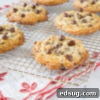 Freshly baked DoubleTree Chocolate Chip Cookies cooling on a wire rack.