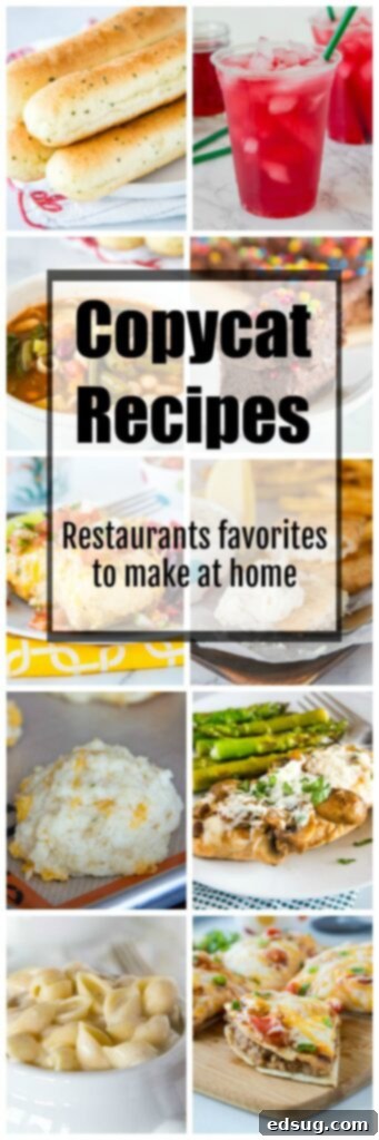 A collage of various delicious copycat restaurant dishes, including desserts, drinks, and savory meals, with a focus on homemade versions.