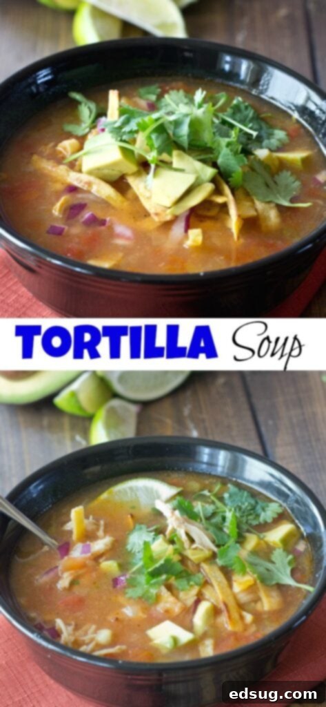 chicken tortilla soup in a bowl with many toppings