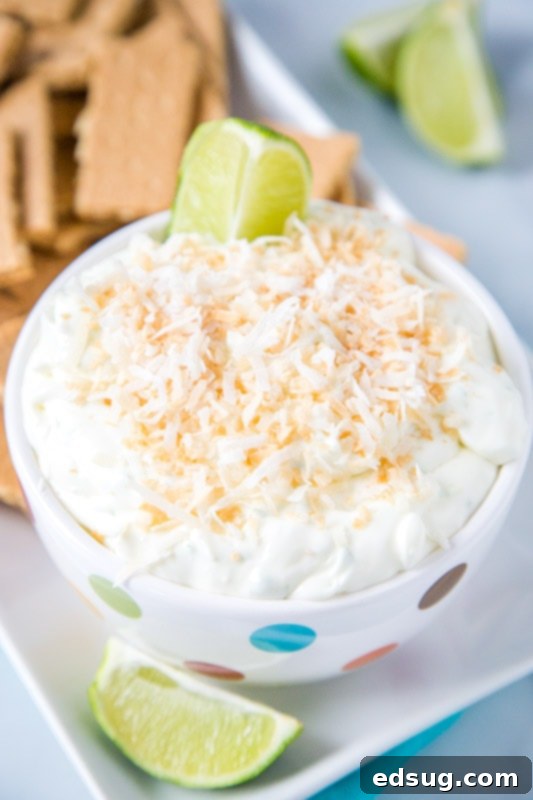 Creamy Coconut Lime Cheesecake Dip 3 close up of coconut lime cheesecake dip in bowl with lime wedge and toasted coconut on top, showcasing its creamy texture