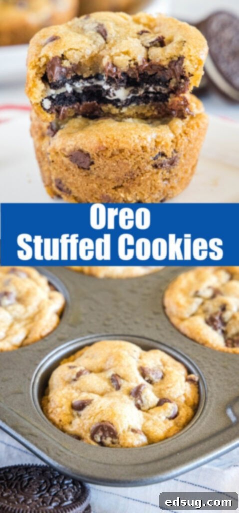 Chocolate Chip Cookies with an Oreo Center 7 Close-up of three perfectly baked Oreo stuffed chocolate chip cookies, showing their golden brown exterior.