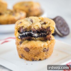 Chocolate Chip Cookies with an Oreo Center 8 Close up of an Oreo stuffed chocolate chip cookie with a bite taken out, showcasing the Oreo inside.