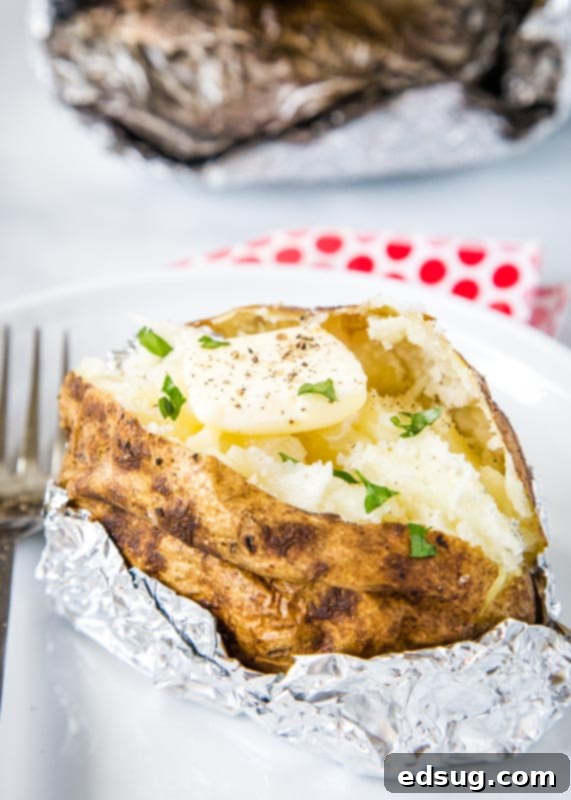 Grill-Baked Potatoes 2 grilled baked potato on white plate with butter and chives
