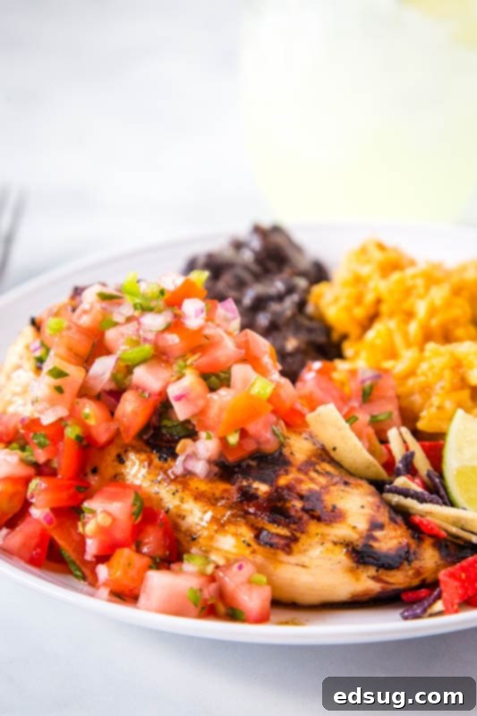 margarita chicken chilis on plate with rice and beans