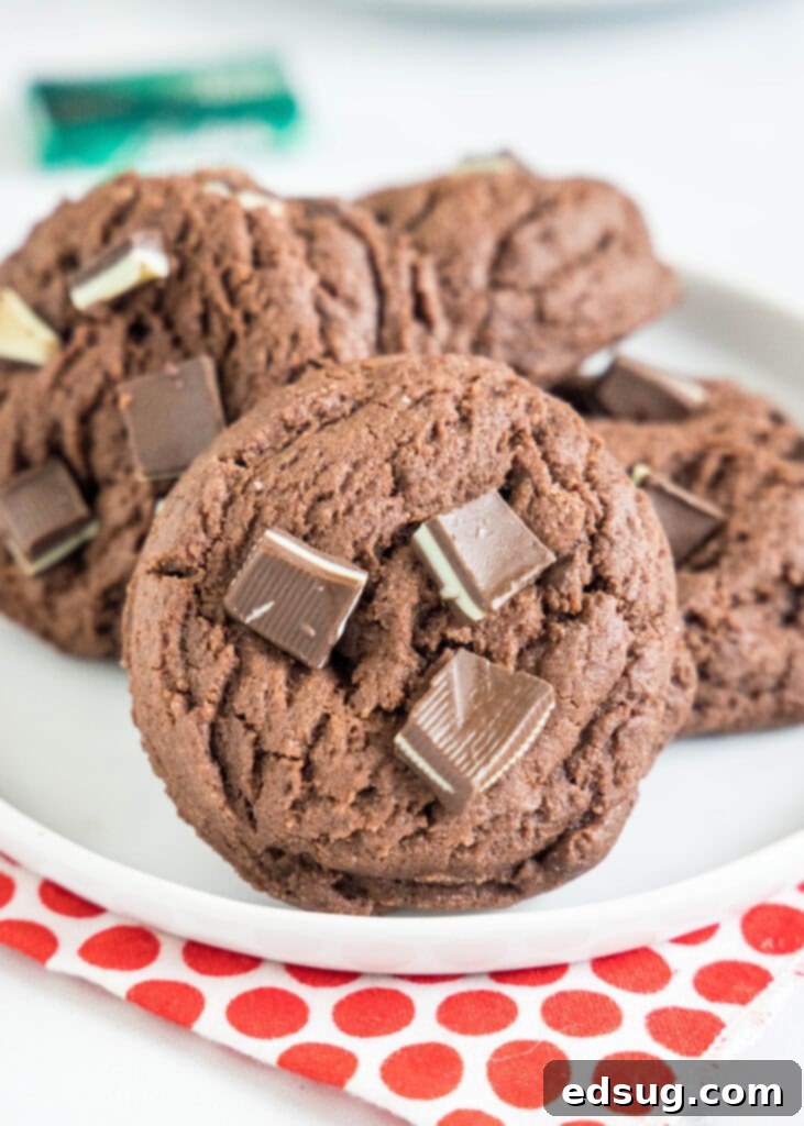 A stack of three soft and fudgy chocolate pudding cookies with Andes mint pieces on a white plate, ready to be enjoyed.