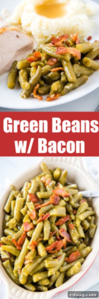 Detailed close-up of tender green beans and savory bacon, showing the delicious texture