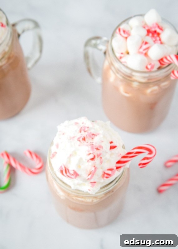 A top-down view of peppermint hot chocolate, beautifully garnished with whipped cream and crushed candy canes, ready for festive enjoyment.