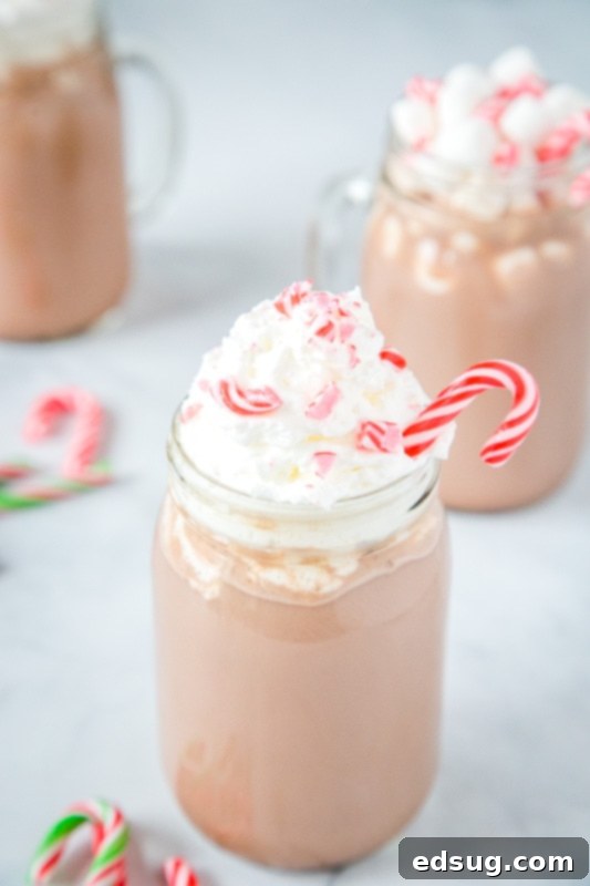 Hot chocolate adorned with festive candy canes, a perfect visual for the holiday season.