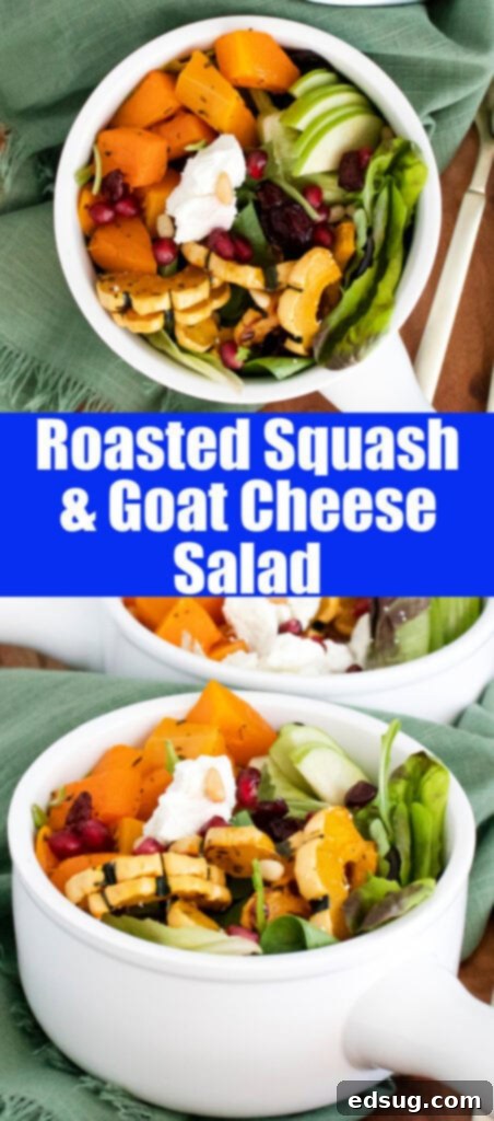 Close-up shot of a white bowl filled with Roasted Squash and Goat Cheese Salad, showcasing its inviting textures and colors.