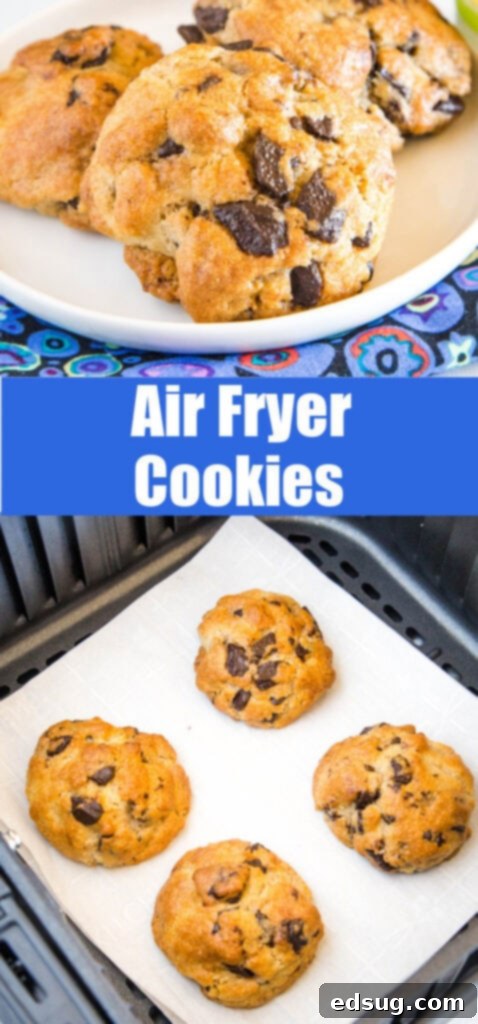 A collage of various images showing the process and final result of making cookies in an air fryer.