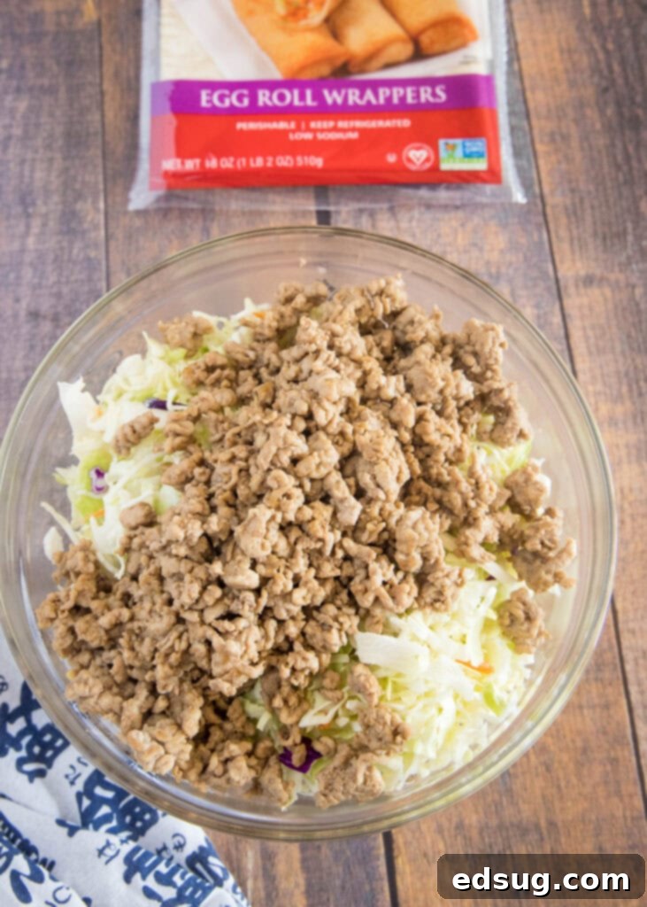 Golden Crispy Air Fryer Egg Rolls 3 Fresh ingredients laid out for making egg rolls, including ground pork, cabbage mix, and seasonings.