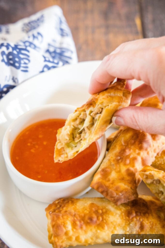 Golden Crispy Air Fryer Egg Rolls 4 A hand dipping a crispy air fryer egg roll into a small bowl of dipping sauce.
