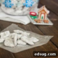 Close-up of Amped Up Puppy Chow in a bowl, showing the rich coating and powdered sugar.