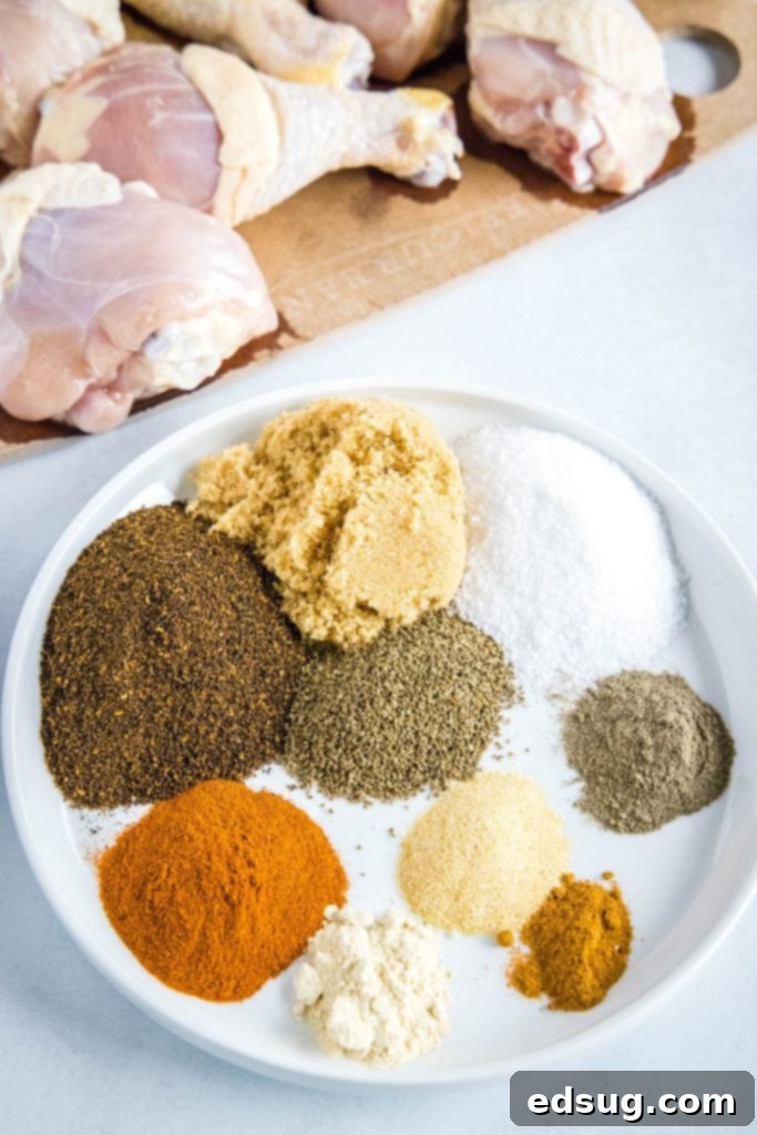A bowl of assorted spices including brown sugar, chili powder, paprika, and salt