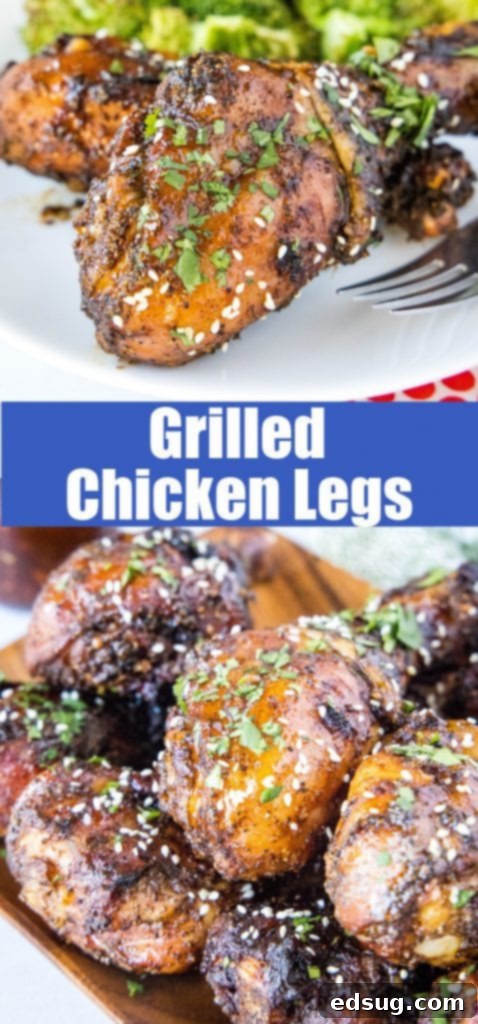 Pinterest collage featuring close-up shots of grilled chicken legs with Asian BBQ sauce from various angles