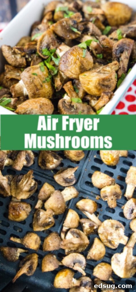 close up of mushrooms cooked in the air fryer for pinterest