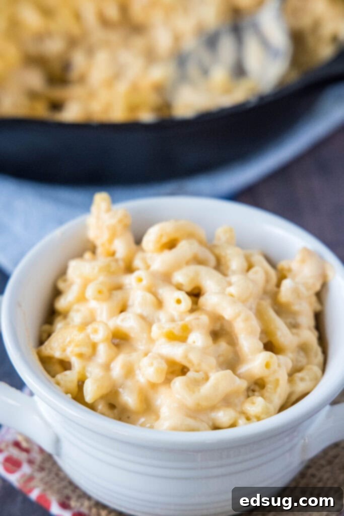 mac and cheese in a white bowl
