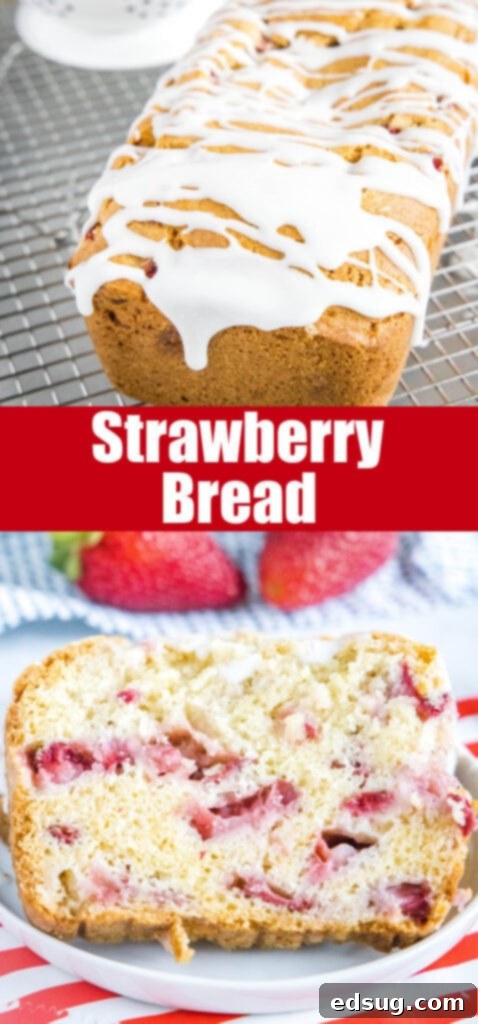 A close-up shot of a slice of strawberry bread, revealing the vibrant red strawberry pieces beautifully embedded within the soft, moist crumb of the bread.